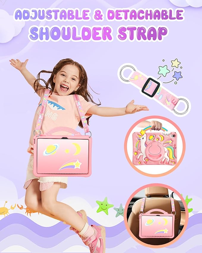 Boaretiu for iPad A16 Case/10th Generation Case - Girls Teens Cute Cartoon Rainbow Unicorn 10.9 Inch 2022 Tablet Cover with Strap & Rotating Stand Soft 3D Silicone Funda for iPad 11th 11 Inch 2025