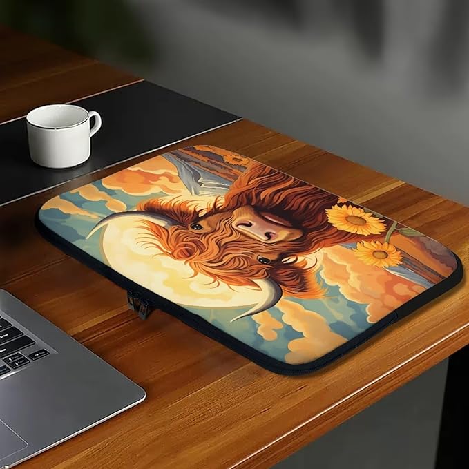 Highland Cattle Computer Sleeve for Women Men Laptop Sleeve 12 inch Neoprene Laptop Covers with Padded Compartment Lap Top Case Sunflower Computer Carrying Bag Brown