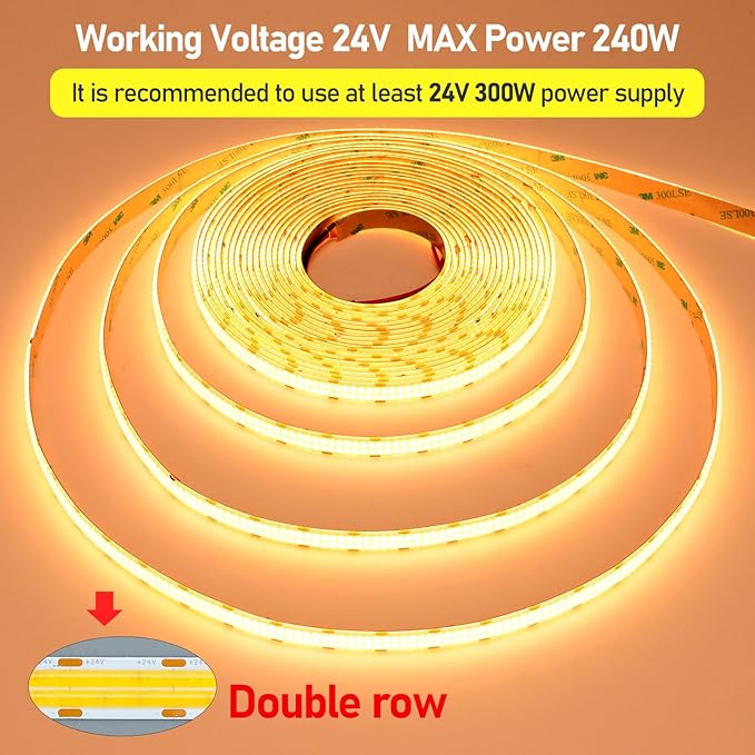 GOMING 32.8ft(10M) DC 24V Double Row COB LED Strip Light Warm White 3000K IP65 Waterproof 6000LEDs CRI 93+ 20000lm Uniform Glow Dotless Flexible LED Tape Lights for DIY Home Decor(No Power Supply)