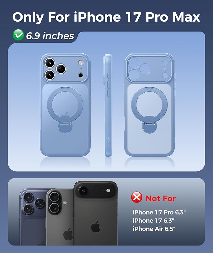 FNTCASE for iPhone 17 Pro-Max Case: [360 Spin Magnetic Stand] [Compatible with Magsafe] [Screen Protector] Translucent Matte Military Grade Shockproof Full Camera Protective Phone Cover - Light Blue