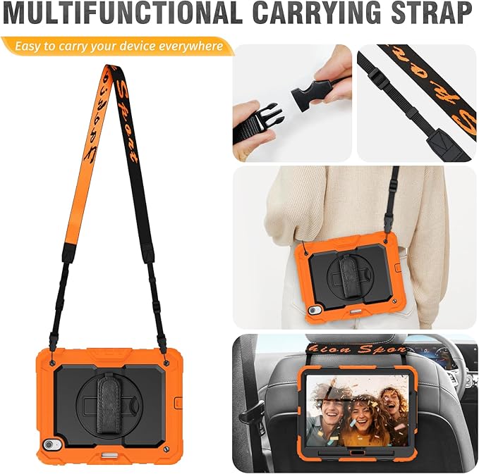 HXCASEAC Rugged Case for iPad Air 11 inch M4 M3 M2 (2026 2025 2024), Heavy Duty Protective Design with Pencil Holder, Screen Protector, Rotating Stand, Hand Strap, for iPad Air 11 Hard Case (Orange)