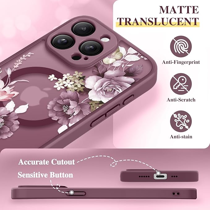 GVIEWIN for iPhone 15 Pro Case Compatible with MagSafe, [Military Grade Protection] [Screen Protector] Full Camera Protection Floral Translucent Women Magnetic Phone Case, Cherry Blossoms/Burgundy