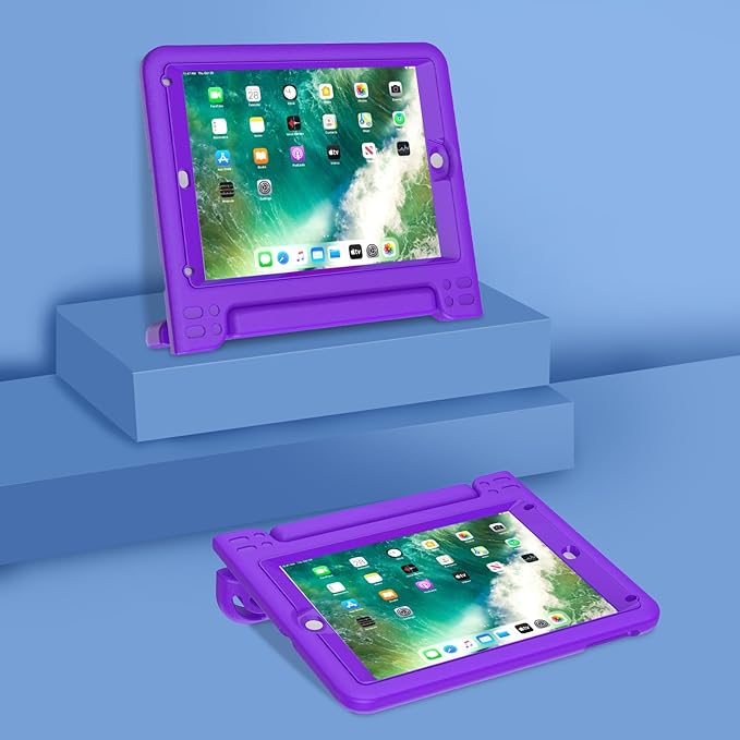 AVAWO Kids Case for iPad 9.7 2017/2018 & iPad Air 2 with Built-in Screen Protector - Light Weight Shock Proof Convertible Handle Stand Friendly Kids Cover for 9.7 iPad 5th & 6th Gen, Purple