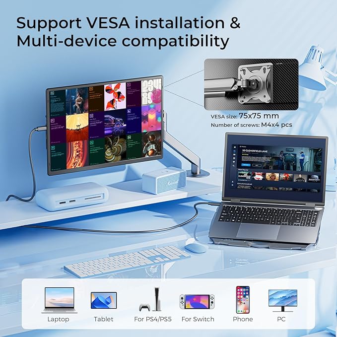 Laptop Screen Extender 16.1", 1200P FHD, Portable Monitor 360° Rotating Detachable Stand, Height Adjustable Monitor Extender for Laptop 13-17.5", Plug-Play for Tablet, PC, Phone, etc
