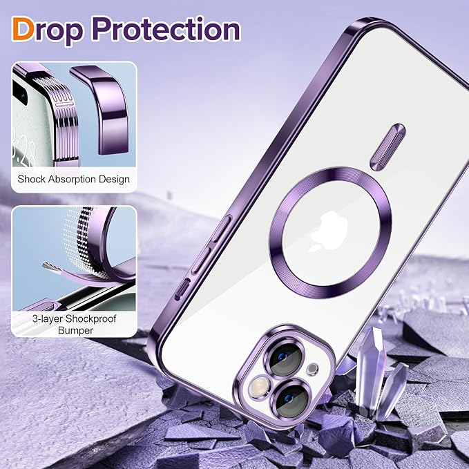 Hython Magnetic Clear for iPhone 15 Case with Camera Lens Protector [Compatible with MagSafe] Luxury Plating Edge Slim Soft TPU Cover Protective Phone Case for iPhone 15 6.1", Deep Purple