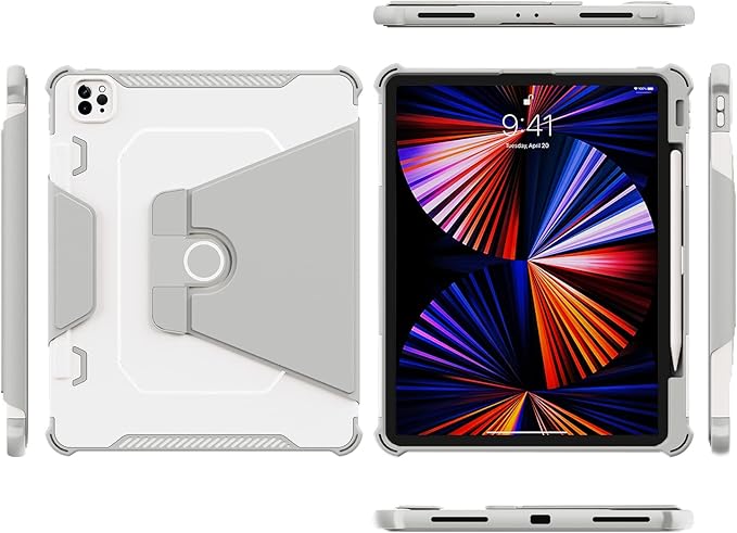Rotating Case for iPad Pro 12.9" 6th/5th/4th Gen 2022/2021/2020 Smart Cover with Pencil Holder, Techcircle Hybrid TPU+PC Magnetic Cover Soft Bumper Slim Folio Shockproof Protective Case-Light Gray