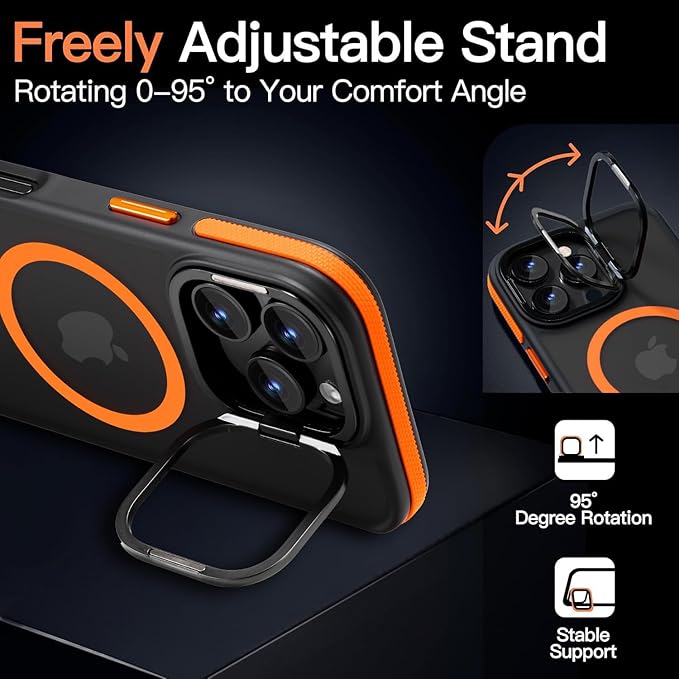 Magnetic case for iPhone 16 Pro [10Ft Military-Grade Protection] Built-in Camera Stand Phone case, Compatible with fit MagSafe Shockproof Slim Thin Cover 6.3 inch,Orange Bumper Stand