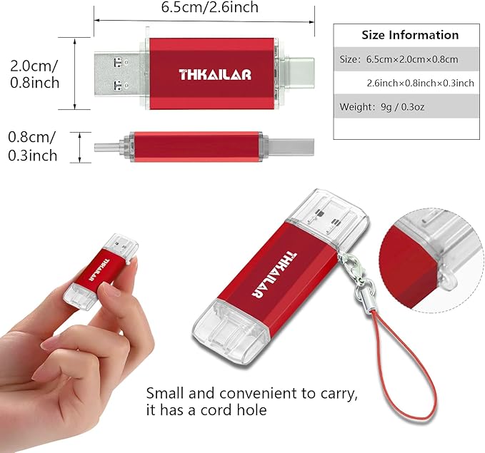 Thkailar USB C Flash Drive 256GB,USB Flash Drive with Type C and Type A 3.1 Port Compatible with Android Phone,MacBook Pro,PC(Red)