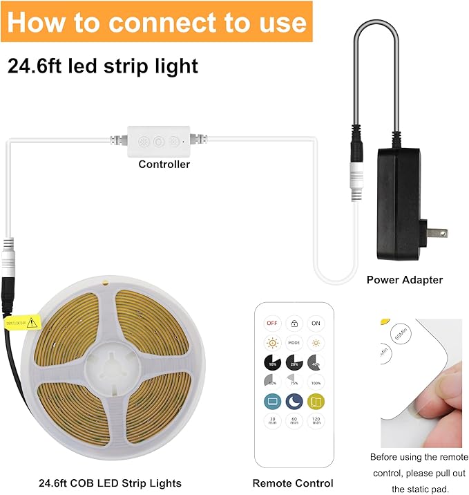 AXMOTUT White COB LED Strip Light, Dimmable 24.6ft/7.5m LED Light, 6000K Daylight White 2400 LEDs High Lumen LED Tape Lights CRI 90+ with RF Remote and UL Power for Bedroom,Kitchen,DIY Home Decoration