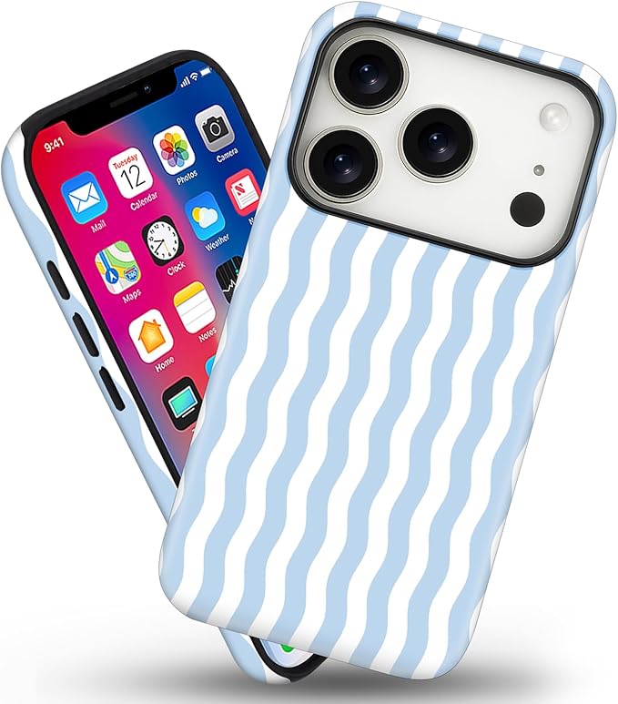 Magnetic for iPhone 17 Pro Case Cute Wavy Stripes Phone Case, Shockproof Slim TPU and Hard PC Protective Phone Cover Compatible with MagSafe Designed for Women Girls, Blue