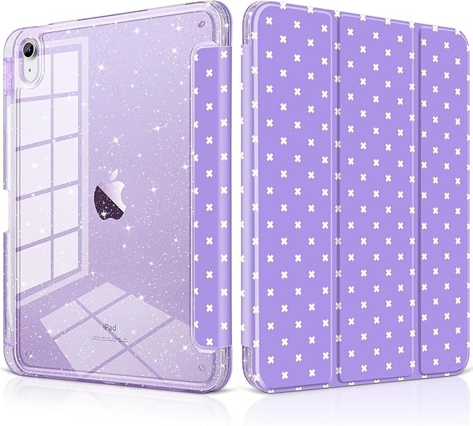 DONGKE for iPad Pro 11 inch Case – Fits M5 2025 / M4 2024, Shockproof Sparkling Glitter Acrylic Back, Pencil Holder, Trifold Stand, Auto Sleep/Wake & Touch ID Support - Purple Cross Dot
