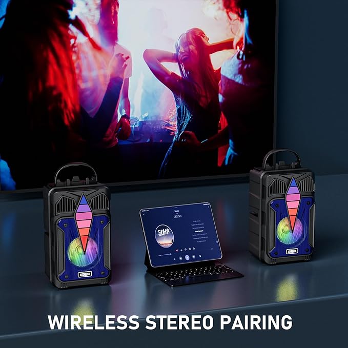 Dnil Portable Speaker with Voice Control, RGB Multi-Color Rhythm Light, Support TWS Pairing, Support USB/TF/FM/AUX Connection, Suitable for Home Party or Outdoor Use (Blue)