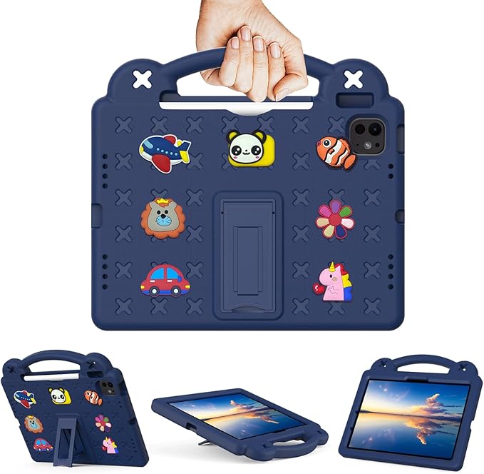AKABEILA Compatible with Apple iPad Air 11(2026)M4(2025) M3(2024)/iPad Pro 11(2024)(2025) M5 11 inch Tablet Case, Kids Friendly Shockproof Protective Case with Shoulder Strap & Stand Handle Navy Blue