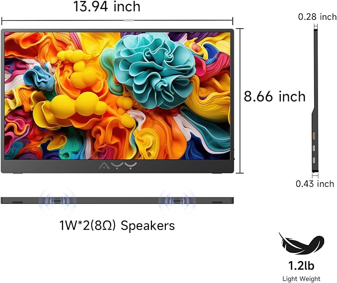 qaf 15.6 Inch Portable Monitor FHD 1080P IPS Screen, 100% sRGB HDR USB-C mini HDMI Ultra-Thin Travel Second Monitor for Laptop Mac PC Phone PS5 Xbox, w/Smart Cover & Speakers, Black