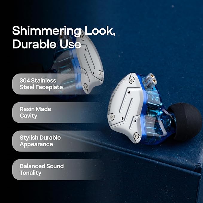 Linsoul KZ ZS10 Pro, 4BA+1DD 5 Driver in Ear Monitor, HiFi Wired Earbuds, Gaming Earbuds, Hybrid IEM Earphones with Stainless Steel Faceplate, Detachable Cable for Musician (with Mic, Blue)