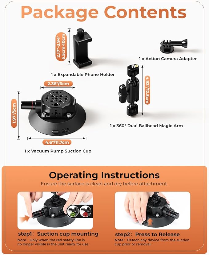 CAMBOFOTO 4.6" Camera Suction Cup Mount with Ball Head Magic Arm, Car Mount with Action Camera Adapter and Phone Holder, Compatible with DSLR Cameras Sony, Canon, Nikon/Phone/DJI/Insta 360