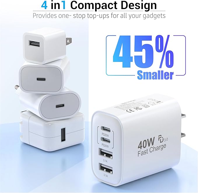 TT&C 40W USB C Charger Block 2-Pack, 4-Port Fast Charging Block (2 USB-C + 2 USB-A), Compact Multi-Device Wall Plug Adapter for iPhone 17,16,15,14,13, Pro Max, Samsung Galaxy S24/S23, Travel & Home