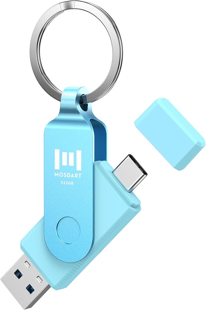 MOSDART 512GB USB C 3.2 Fast Speed C and A Dual Flash Drive, exFAT Memory Stick with Keychain and LED Indicator, for iPhone 15,16,17, Android Phone, iPad, MacBook, and Other Laptops, Sky Blue