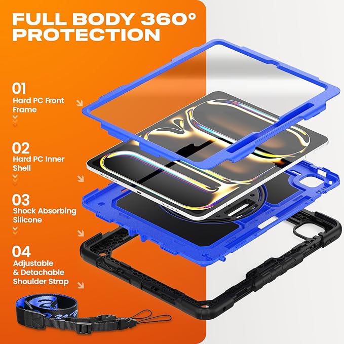 SEYMAC stock Case for iPad Pro 13-inch M5-M4 2025-2024, Shockproof Heavy Duty Case with Screen Protector, Pencil Holder, Rotating Stand, Hand Strap, Shoulder Strap, Blue