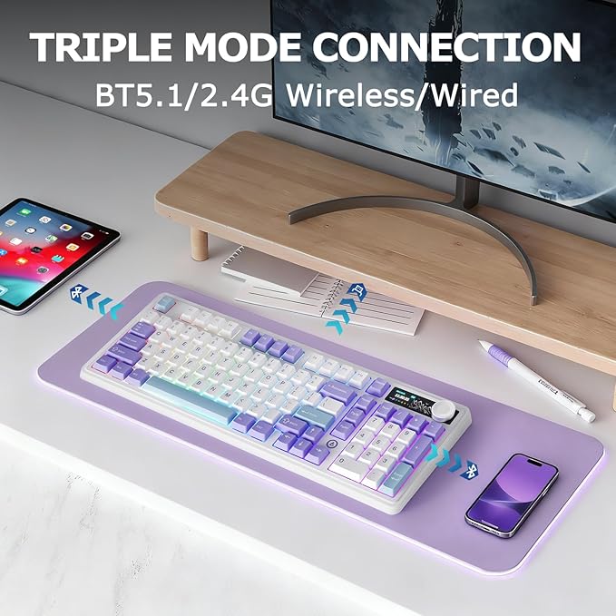 AK980 97Keys Tri-Mode Full Mechanical Keyboard, Gasket-Mounted, Hot-Swappable, 1.14” TFT Smart Display, Bluetooth 5.1/2.4G Wireless/Wired, PBT Keycaps RGB Backlit (Purple, Qingyun Tactile Switch)