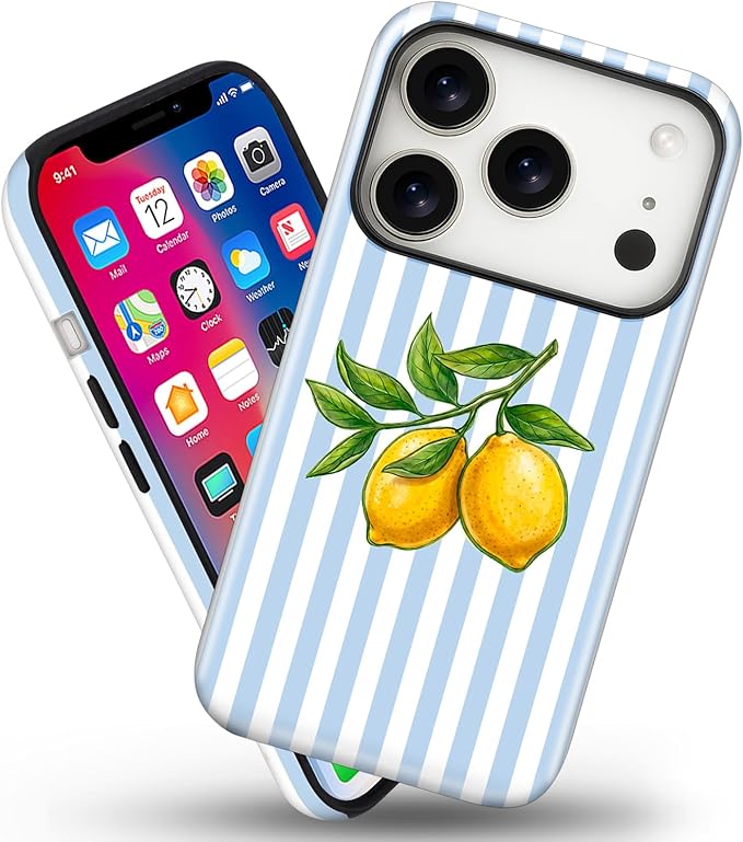 Magnetic for iPhone 17 Pro Max Case Cute Lemon Stripes Phone Case, Shockproof Slim TPU and Hard PC Protective Phone Cover Compatible with MagSafe Designed for Women Girls, Blue