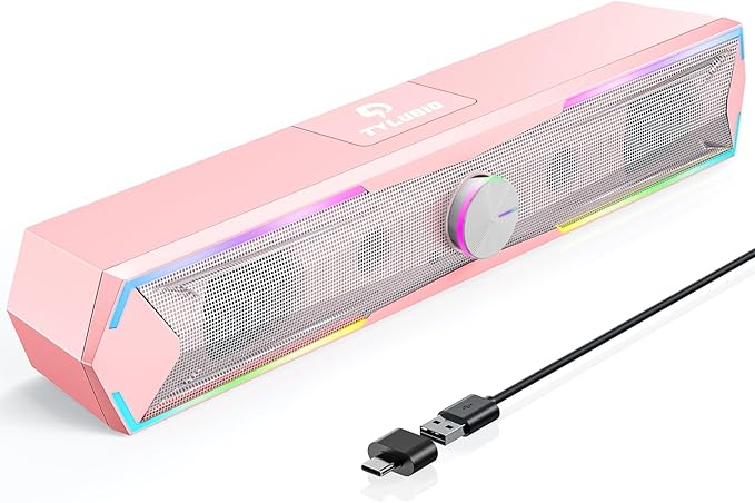Tylubio Computer Speakers for Pc Desktop with Clear Sound, Flowing LED PC Speaker for Computer Desktop Laptop Monitor, Bluetooth & USB Input - Pink