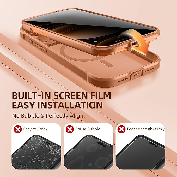 BERFY for iPhone 17 Pro Case, Compatible with MagSafe, Built-in Privacy Screen Protector, Camera Protection, Shockproof Full Body Phone Case 6.3", Clear Dark Orange