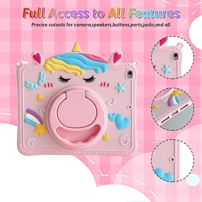 Dteck for iPad 10.9" 10th Generation Case Kids,Cute Cartoon 3D Unique Design Light Rotating Handle Stand Shoulder Strap Soft Silicone Funda Drop Rugged Shockproof Protective Kid-Proof Case,Unicorn