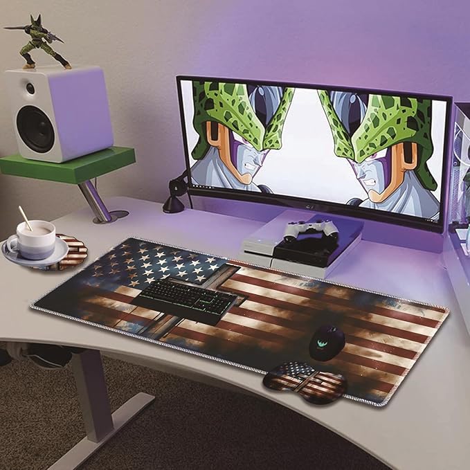 Extended Non-Slip Mouse Pad + Mouse Wrist Rest + Lace-Shaped Coaster Set, Ergonomic Design, Suitable for Desk and Home Gaming Table Mat, American Flag Cross