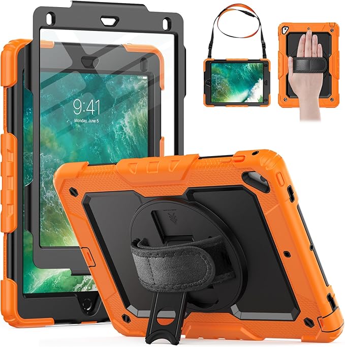 HXCASEAC Rugged Case for iPad Pro 9.7, iPad Air 2, 9.7 inch, Full Body Protective Design with Pencil Holder, Built-in Screen Protector, Rotating Stand, Hand Strap, for iPad Air 2 Hard Case (Orange)