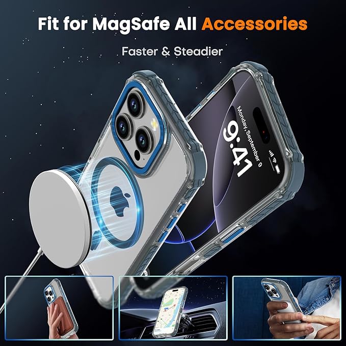 DEERLAMN Strong Magnetic Case for iPhone 16 Pro 6.3-Inch,[Compatible with Magsafe] Clear Slim Shockproof Protective Phone Cover for Women Men-Transparent+Blue