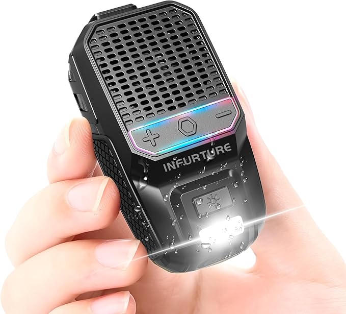 INFURTURE Wearable Bluetooth Speaker Clip on Speaker with RGB/Flashlight Shower Speake Built-in Noise Reduction Mic, Bathroom Speakers for Hands-Free Music/Calls-for Work/Riding/Outdoor, Ideal Gifts