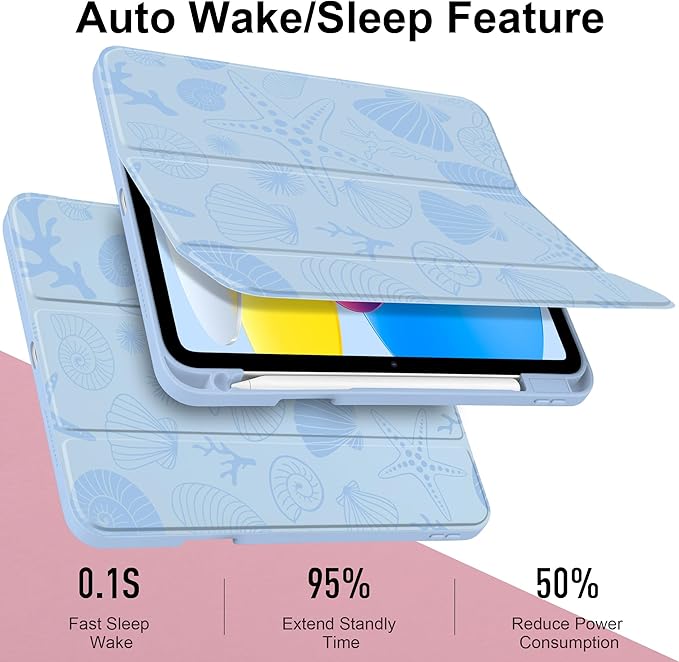 Case for iPad Air 11 inch M4 2026 M3 2025 M2 2024 Release with Pencil Holder Clear Back Shell Blue Lightweight Shockproof TPU Edge Trifold Stand Auto Wake Sleep Cute Cover, Starfish and Shells