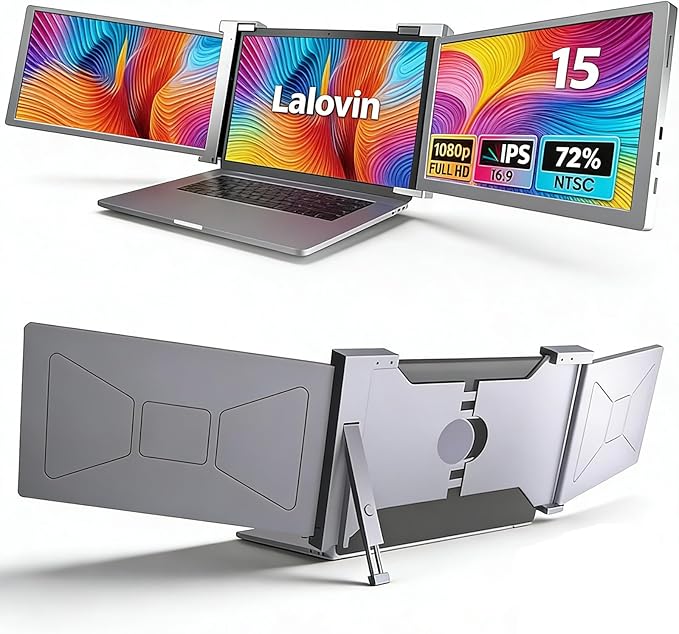 Laptop Screen Extender, 1080P IPS FHD Monitor Extension for 15-17.3" Laptop, Ultra-Thin Portable Triple Portable Monitor with USB-C/HDMI/USB-A,Mac/Windows/Chrome/Android (Grey, 15 Inches)