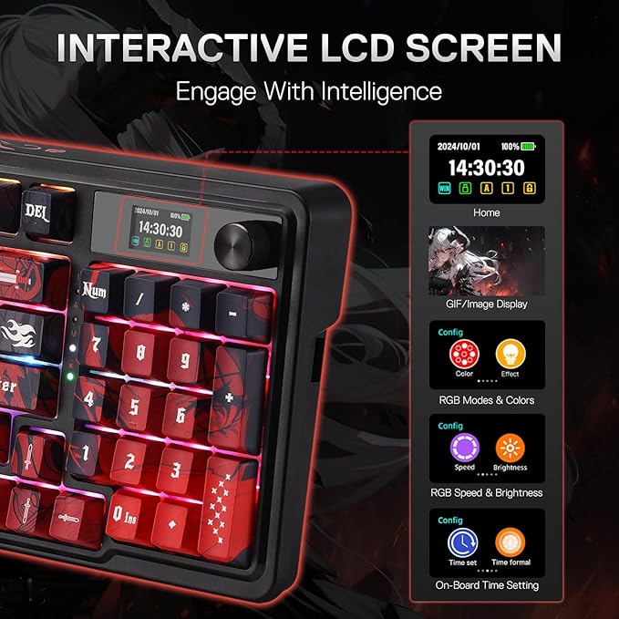 Redragon K719 PRO Wireless Gasket Gaming Keyboard w/Hype Screen & Knob, 95 Keys Mechanical Keyboard, Easy-Control 1.14’’ TFT Info Display, 5-Layer Noise Dampening, Custom Linear Switch, Anime Edition