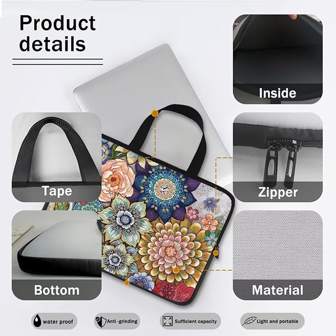 12 Inch Boho Flowers Laptop Sleeve for Women Girl, Slim Water Resistant Computer Carrying Case with Handle, Durable Protective Laptop Tote Bag Cover Compatible with Tablet/Notebook/Reader