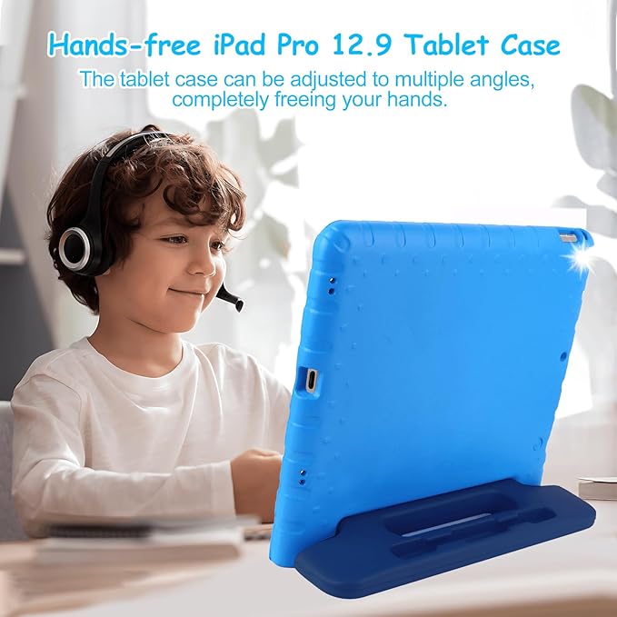 for Kids iPad Pro 12.9 Case 2nd 1st Generation with Pencil Holder and Anti-Slip Handle, Super Protection Rugged Cover for 12.9 inch iPad Pro 2015 2017 - Dark Blue