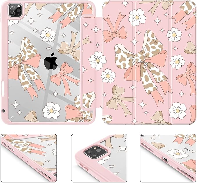 Tuiklol for iPad Pro 12.9 Inch 6th/5th/4th/3rd Generation 2022 2021 2020 2018 Case,Built-in Pencil Holder Clear Transparent Protective Back Shell Cover with Auto Sleep/Wake, Leopard Bow Gary