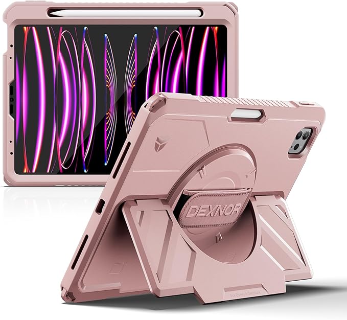 Dexnor Case for iPad Pro 11 inch 4th/3rd/2nd/1st Gen (2022/2021/2020/2018),Rugged Protective Case with 360° Rotating Hand Strap & Stand & Screen Protector & Pencil Holder Shockproof Bumper Cover,Pink