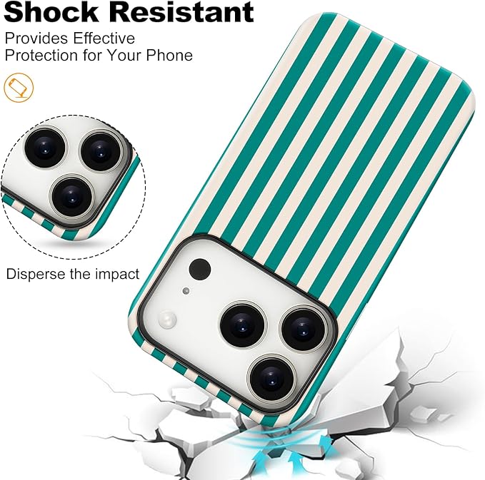 Magnetic for iPhone 17 Pro Max Case Cute Stripes Phone Case, Shockproof Slim TPU and Hard PC Protective Phone Cover Compatible with MagSafe Designed for Women Girls, Emerald Green
