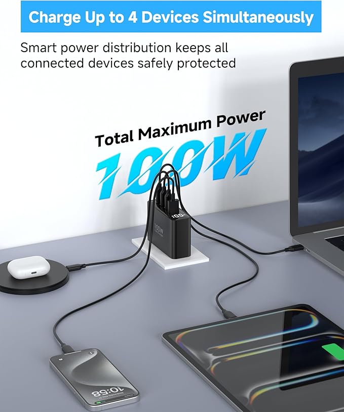 TOPADRE 100W USB C Charger for MacBook, 4-Port PD Fast USBC Charger with LED Display, GaN Compact Foldable Charging Station for MacBook Pro/Air, iPad Pro, for iPhone 17/16 Pro Max, Galaxy S25, Black
