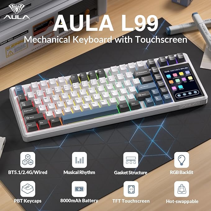 Aula L99 Wireless Mechanical Keyboard with Smart Touch Screen,Tri-Mode Hot Swappable Custom Gaming Keyboard,RGB Backlit,PBT Keycap,Gasket Mount Creamy Sounding Computer Keyboards for Office PC,84 Keys