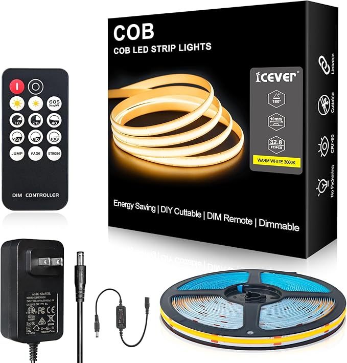 COB LED Strip Lights, ETL Listed Warm White Light Strip 3000K, 32.8ft 24V COB Lights with 3200 LEDs, CRI 90+, Remote, 24V Adapter, LED Lights for Cabinets, Home DIY Lighting Indoor Decoration