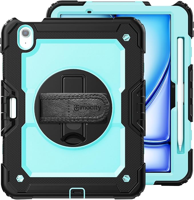 timecity Case for iPad Air 11 Inch M4 / M3 / M2 (2026/2025/ 2024), 360° Rotating Stand, Pencil Holder & Wireless Charging, Shockproof with Screen Protector & Shoulder Strap - for Designers, Blue