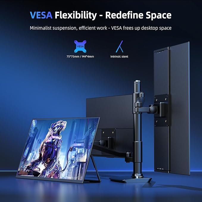 Portable Monitor 18.5” | 120HZ 1ms Gaming Monitor | 125% sRGB | FreeSync, HDR | 350Nits | USB-C & HDMI | VESA & Stand | Large Travel External Second Screen for Laptop, Computer, Game Consoles