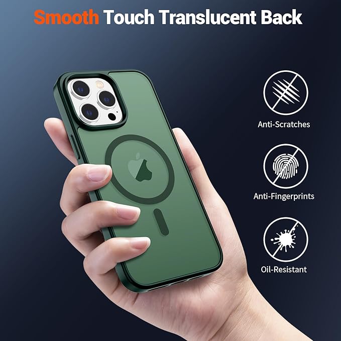 SUPFINE Magnetic for iPhone 13 Pro Case (Compatible with MagSafe) (Military Grade Drop Protection) Translucent Matte Shockproof with Anti-Fingerprint Phone Case,Forest Green