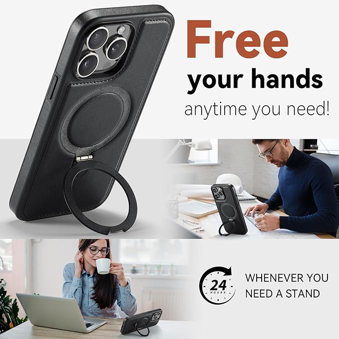 Compatible with iPhone 15 Pro Case with Stand, Compatible with MagSafe, Slim PU Leather & Durable TPU Protective Cover Drop-Proof with Tempered Glass Screen Protector 6.1", Black