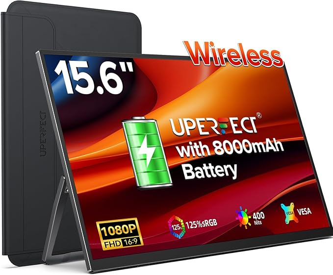 UPERFECT Wireless Portable Monitor with Battery 8000mAh, 15.6" 1080P FHD Ultra Slim Travel Monitor with Stand/VESA/Sleeve, External Second Screen for Laptop, PC, Phone, Support AirPlay Miracast