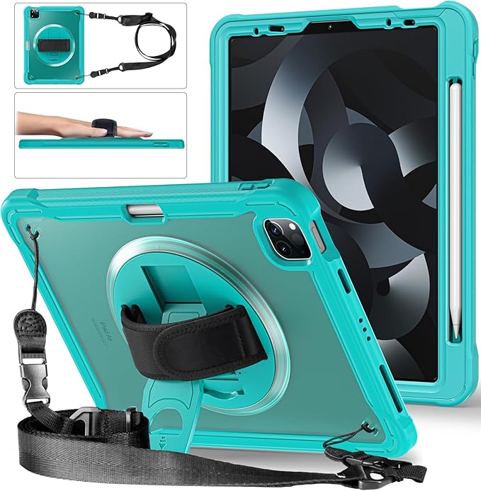 Batianda Case for iPad Pro 11-inch 2022 4th M2 Chip /2021 (3rd Generation) Heavy Duty Rugged Shockproof Tablet Cover with 360° Rotating Hand Strap Foldable Hidden Stand & Shoulder Strap, Blue
