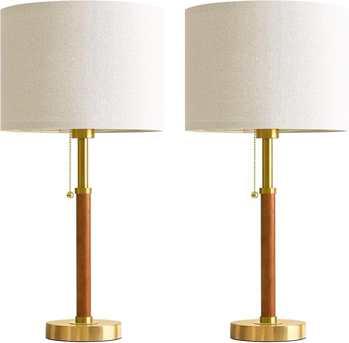 G-SAFAVA 22" Wood Table Lamps Mid Century Modern Lamp for Bedroom Living Room Bedside Lamps for Night Stands Nightstand Lamp with Pull Chain Gold Small Side End Table Lamps Set of 2 Vintage Deco Gifts